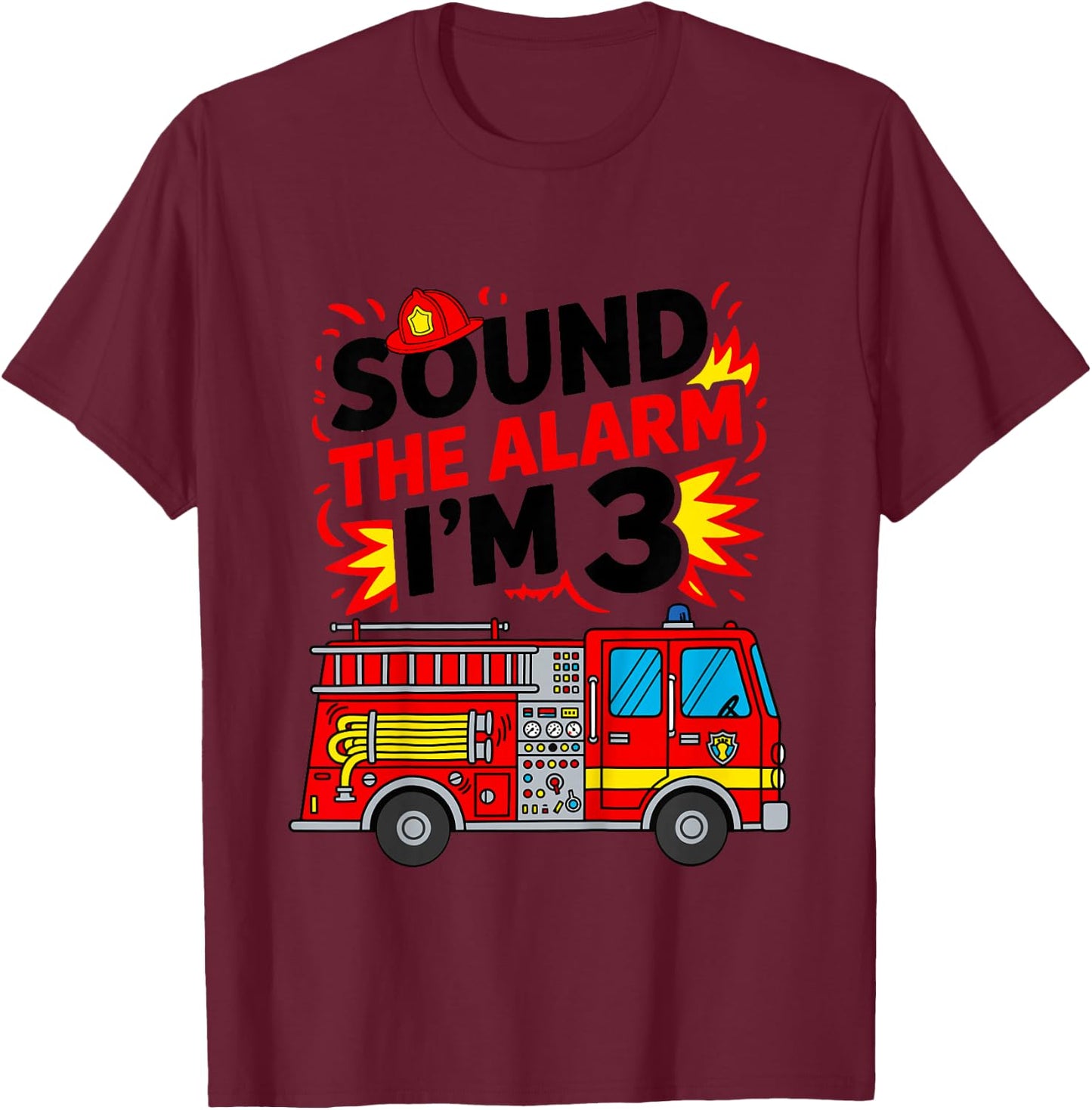 Kids Sound The Alarm I'm 3 Fire Truck 3rd Birthday Boys Kids T-Shirt - T-Shirt | Maroon