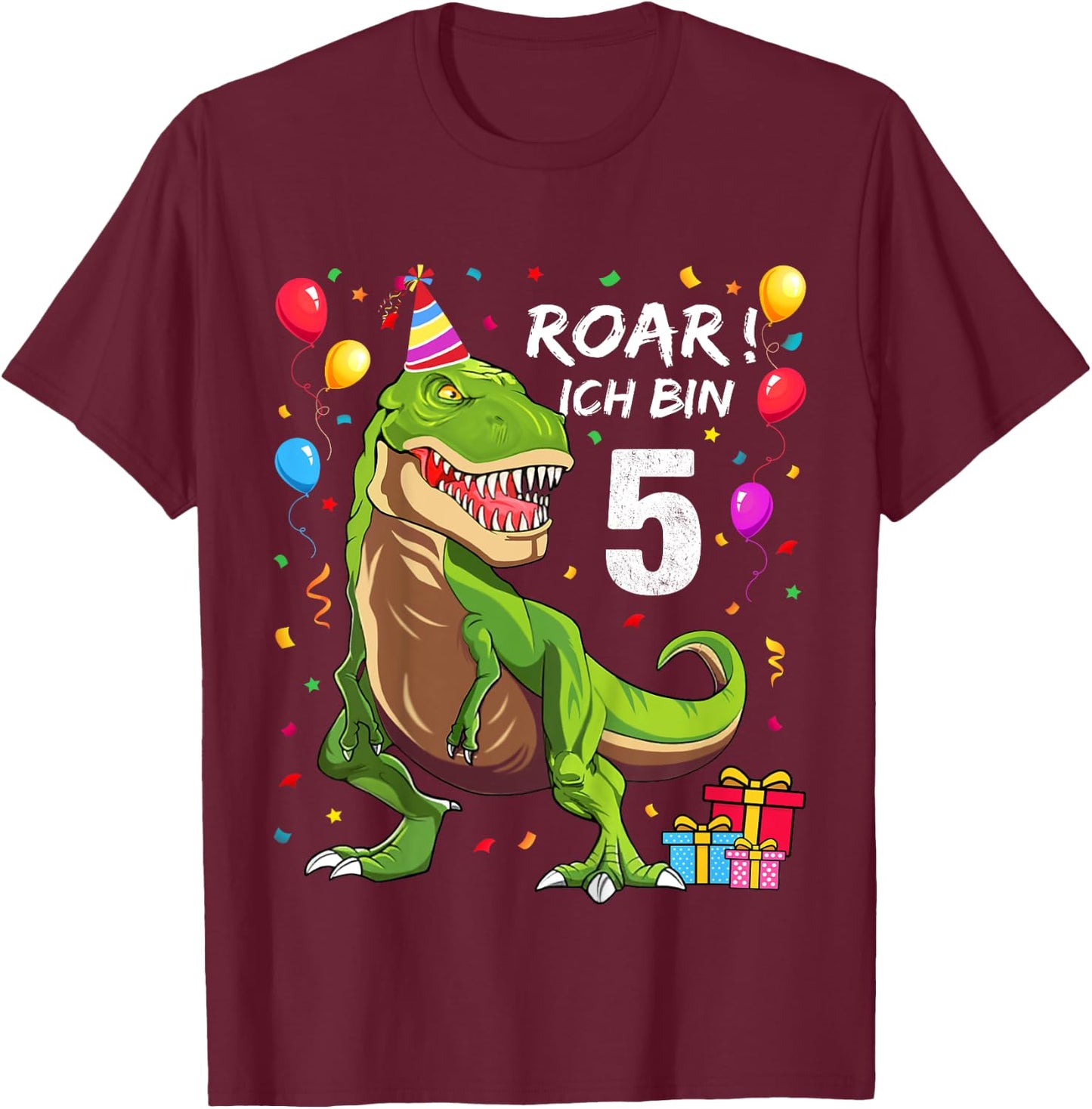 Children's Birthday Shirt 5 Years Boy Dinosaur Dino I Am 5 , black T-Shirt - T-Shirt | Maroon