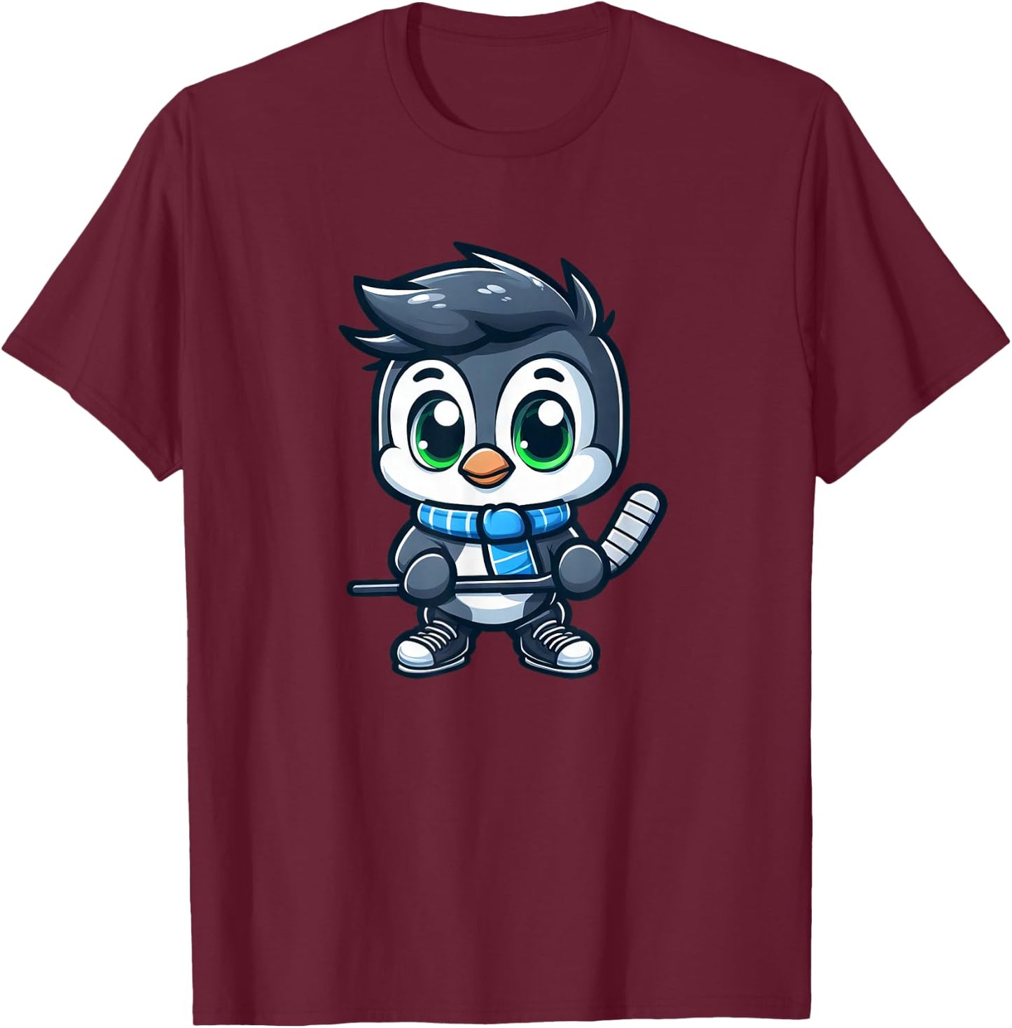 Cute Cartoon Penguin Hockey Player Ice Hockey T-Shirt - T-Shirt | Maroon