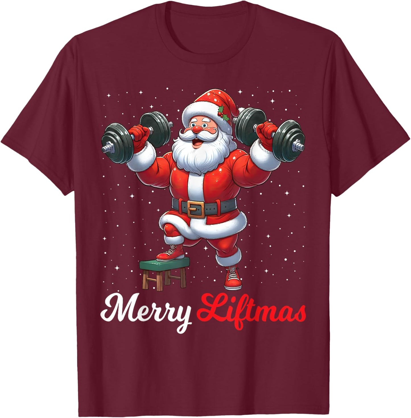 Merry Liftmas Santa Weightlifting Gym Fitness Christmas Snow T-Shirt - T-Shirt | Maroon