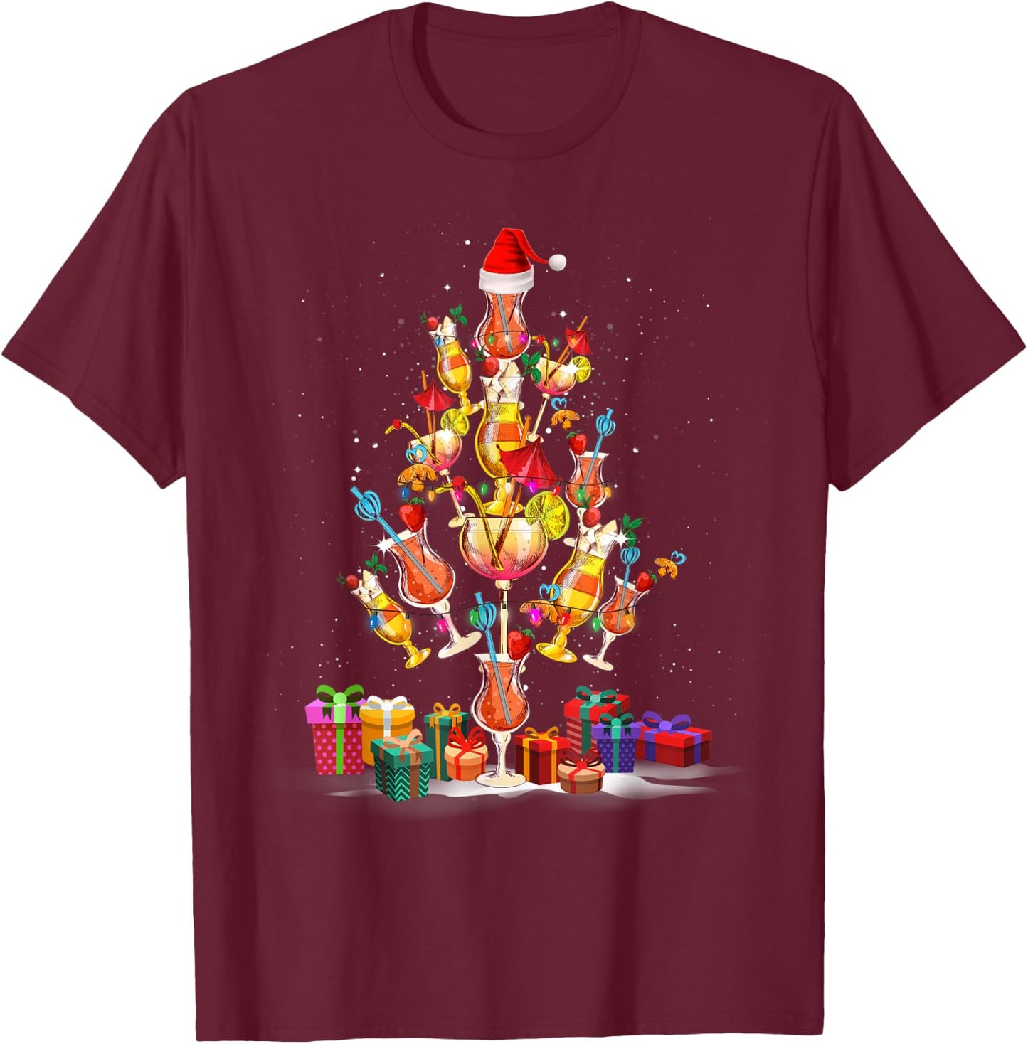 Cocktail Glasses Santa Hat Christmas Tree Drinks Xmas Pajama T-Shirt - T-Shirt | Maroon