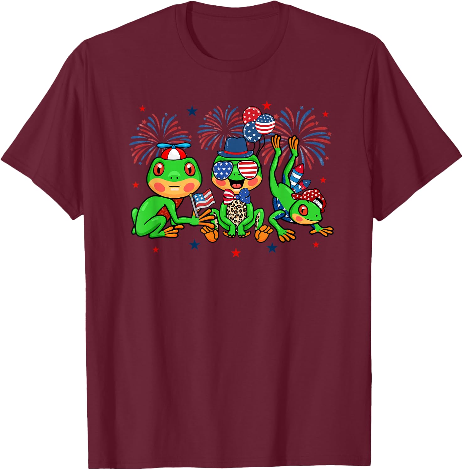 Funny Frog American Flag Leopard Fireworks 4th Of July T-Shirt - T-Shirt | Maroon