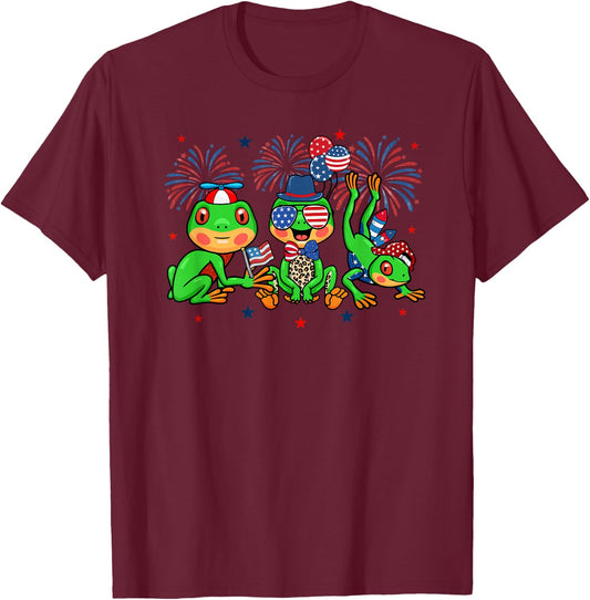 Funny Frog American Flag Leopard Fireworks 4th Of July T-Shirt - T-Shirt | Maroon