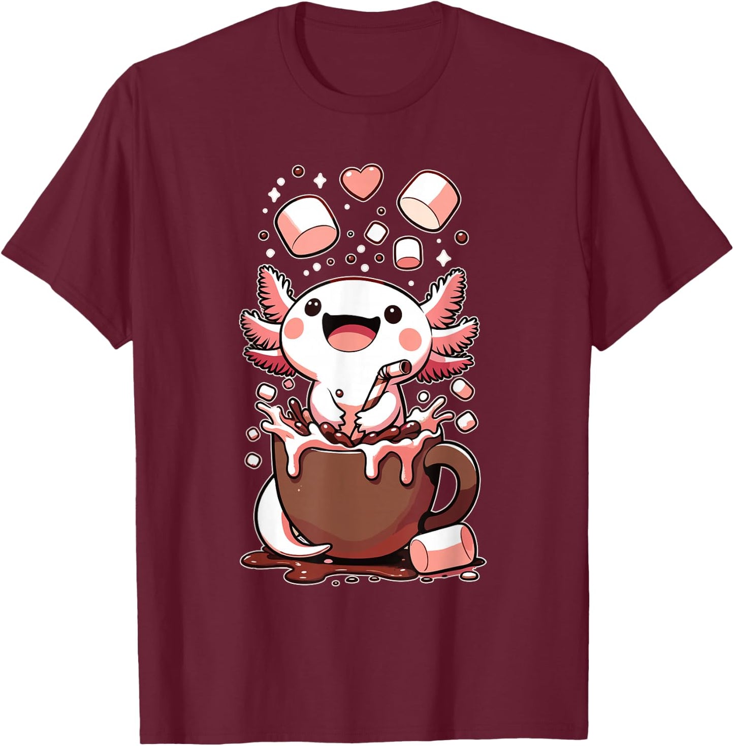 Kawaii Axolotl Hot Chocolate Marshmallow Chocolate Axolotl T-Shirt - T-Shirt | Maroon