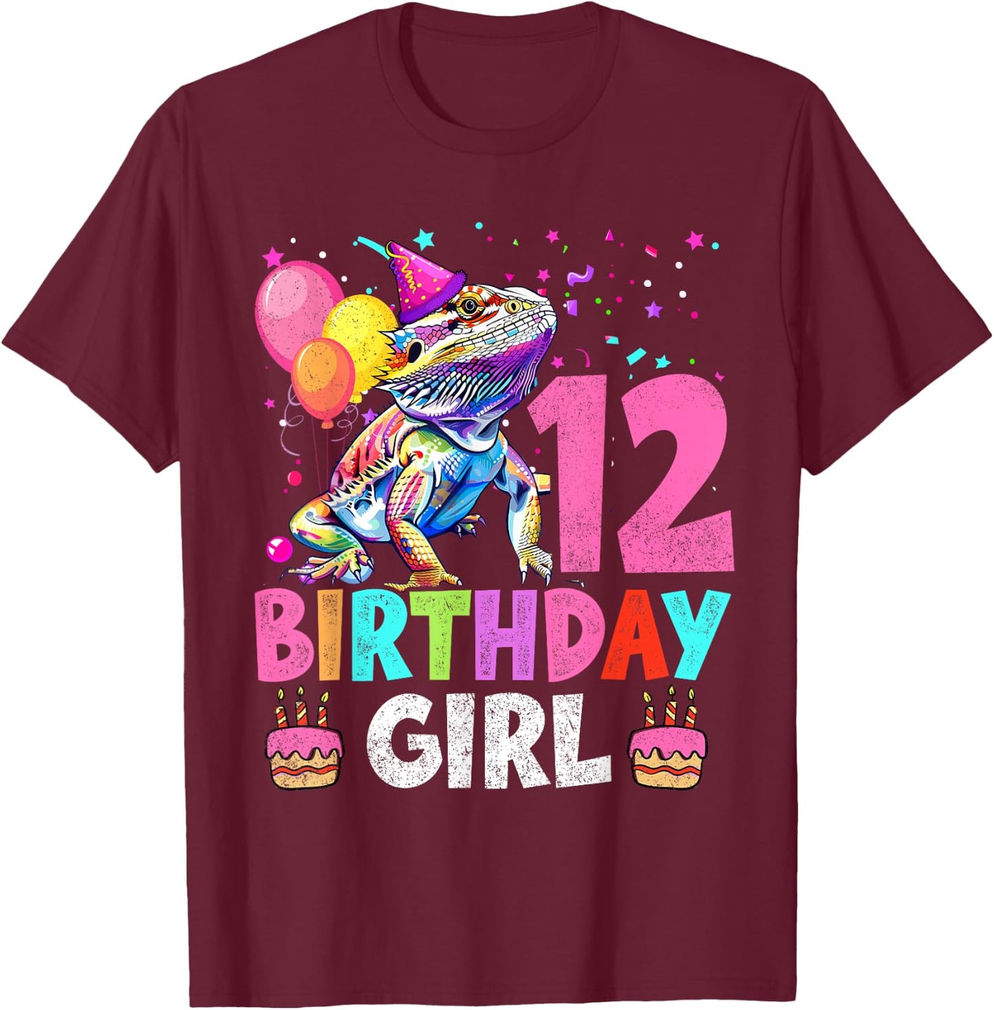 12th Birthday Girl Bearded Dragon 12 Years Old Bday Party T-Shirt - T-Shirt | Maroon