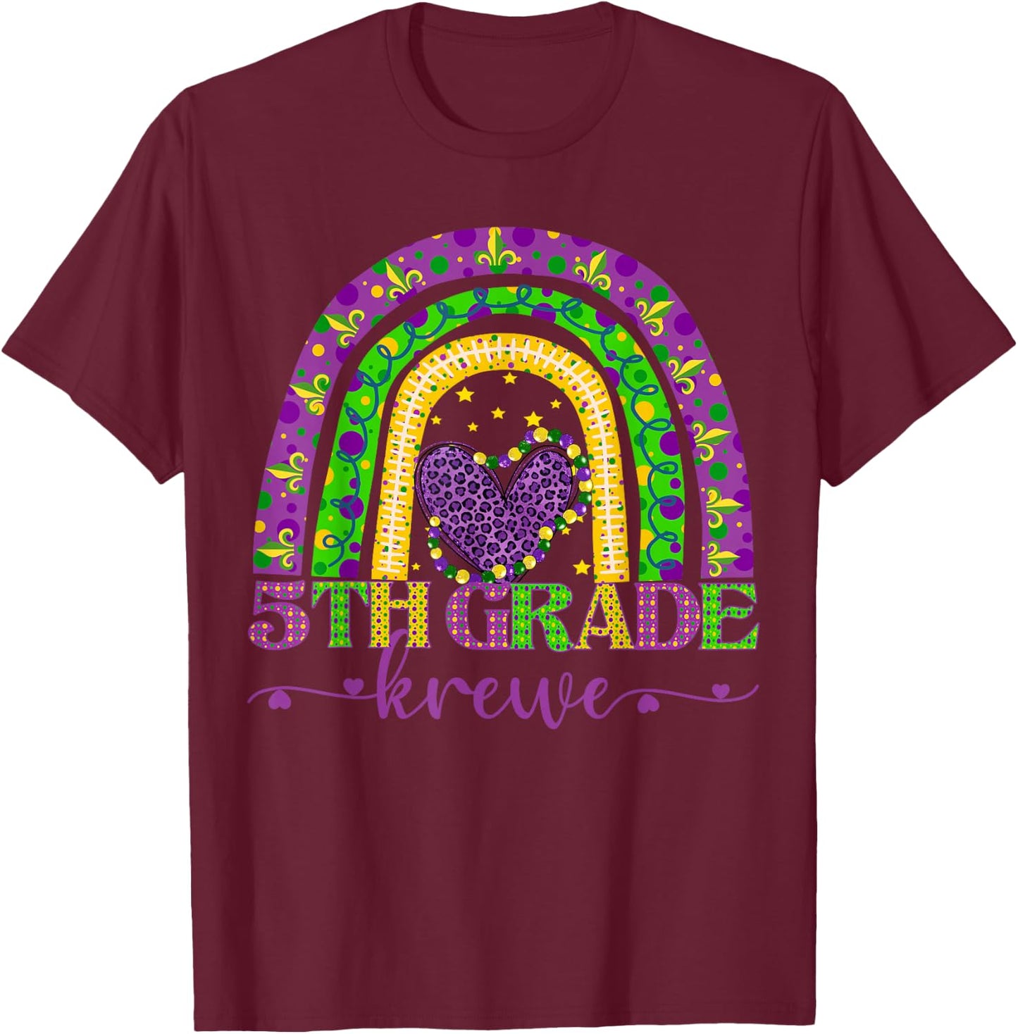 Mardi Gras Teacher 5th Grade Krewe Rainbow Leopard Carnival T-Shirt - T-Shirt | Maroon