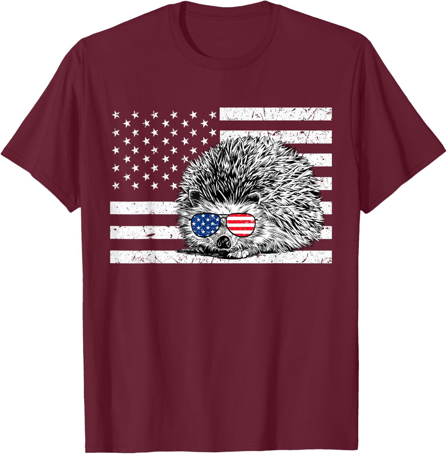 Hedgehog 4th of July Animal US American Flag Patriotic T-Shirt - T-Shirt | Maroon