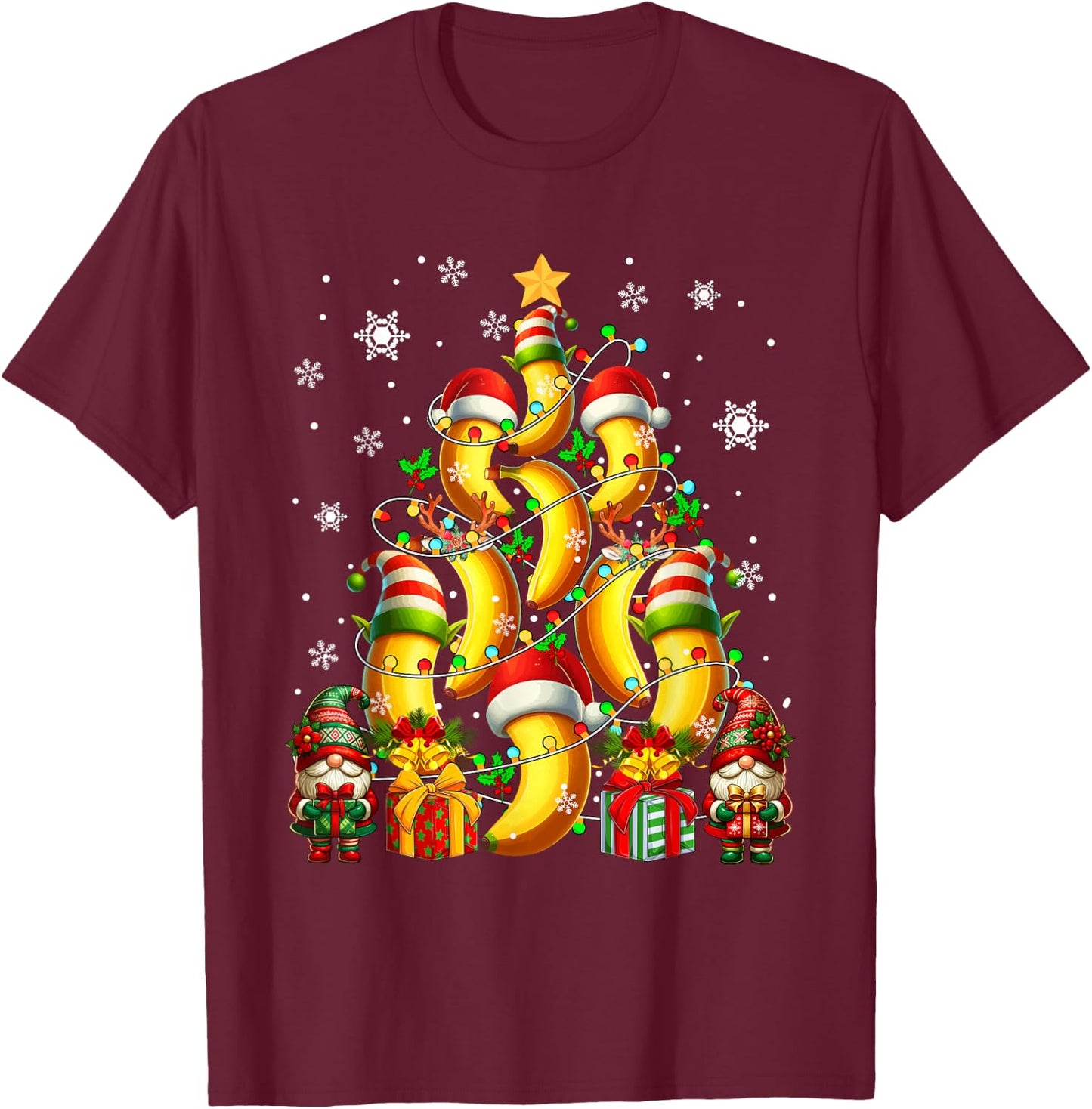 Santa Reindeer Elf Banana As Christmas Tree Vegan Fruits T-Shirt - T-Shirt | Maroon