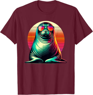 Retro Sunset Hawaiian Monk Seal Sunglasses T-Shirt - T-Shirt | Maroon