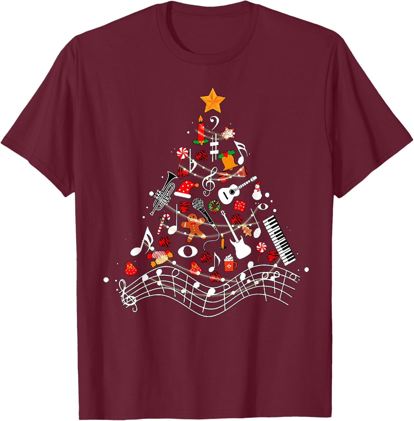 Music Notes Christmas Tree Musical Teacher Music Xmas Tree Women Kids T-Shirt - T-Shirt | Maroon