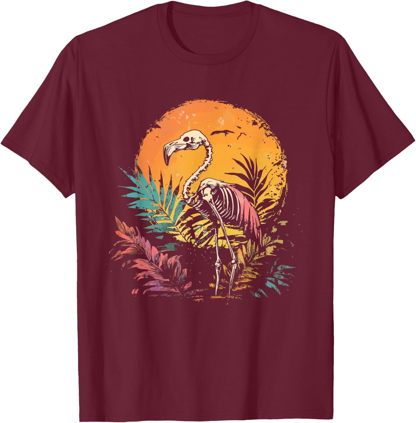 Flamingo Skeleton Retro Graphic Summer T-Shirt - T-Shirt | Maroon