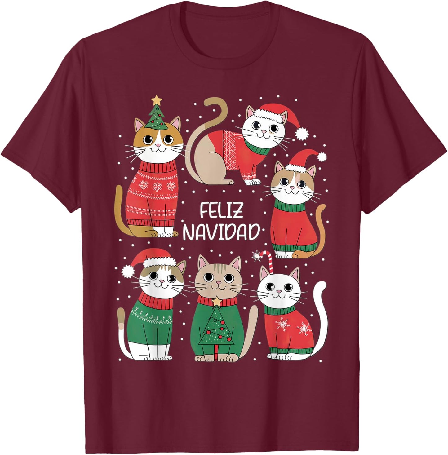 Feliz Navidad Spanish Cats Holiday Kittens , Black, S T-Shirt - T-Shirt | Maroon
