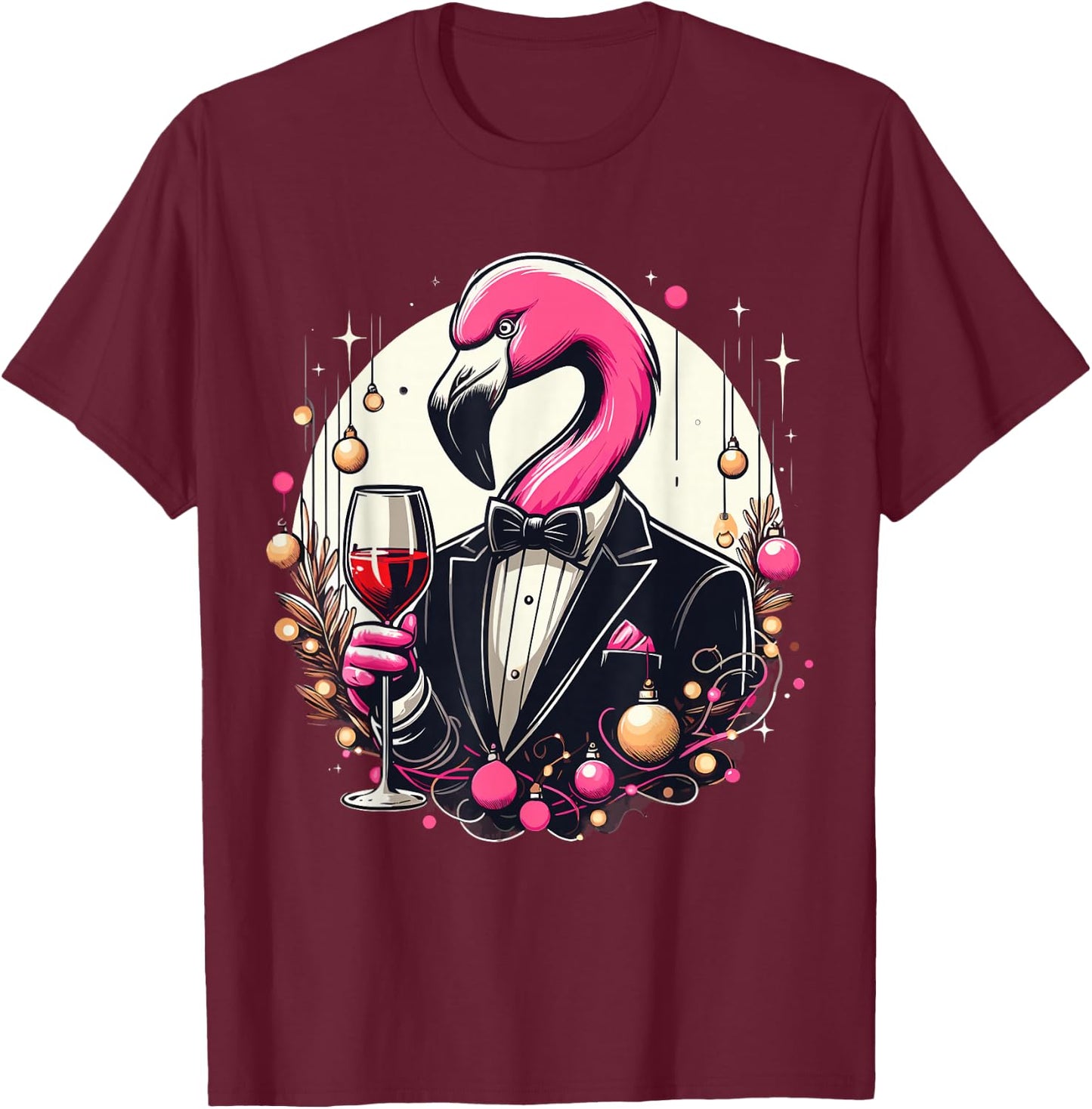 Pink Flamingo Wine Glasses With Tuxedo Costume Love Flamingo T-Shirt - T-Shirt | Maroon