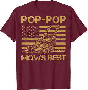 Pop Pop Mows Best Push Lawn Mowing Mower Father Day On Back T-Shirt - T-Shirt | Maroon