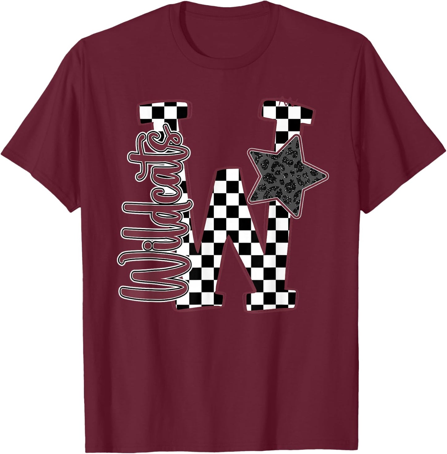 Maroon Wildcats Checkered Print Star Leopard School Spirit T-Shirt - T-Shirt | Maroon
