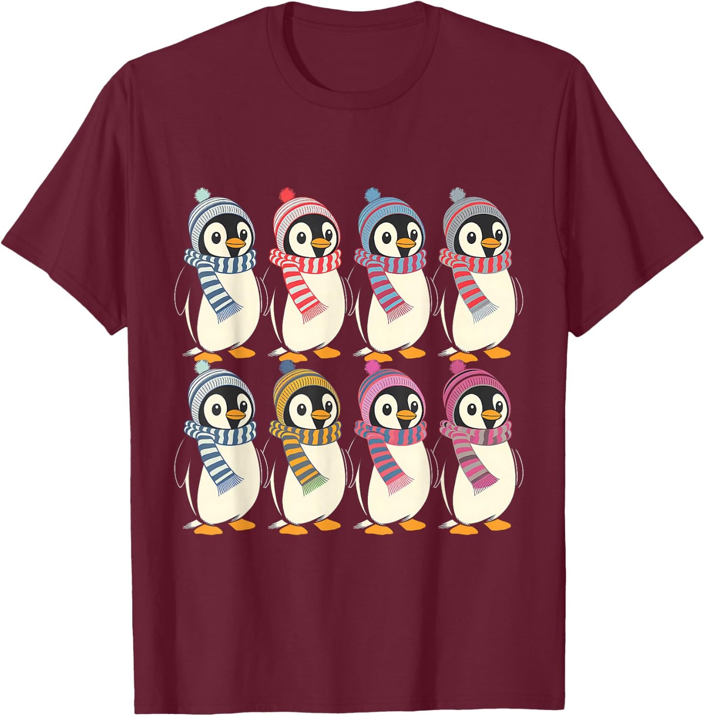 Arctic Penguins in Scarves and Hats Cute Design T-Shirt - T-Shirt | Maroon