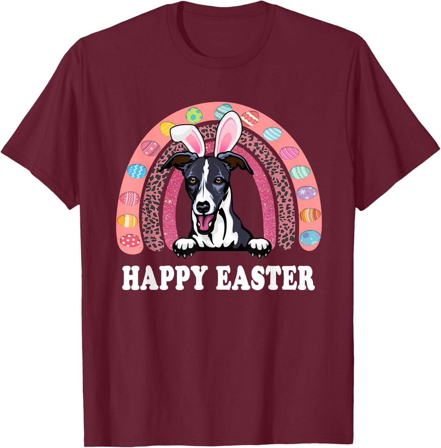 Whippet Dog Easter Bunny Eggs Hunting Boho Rainbow T-Shirt - T-Shirt | Maroon
