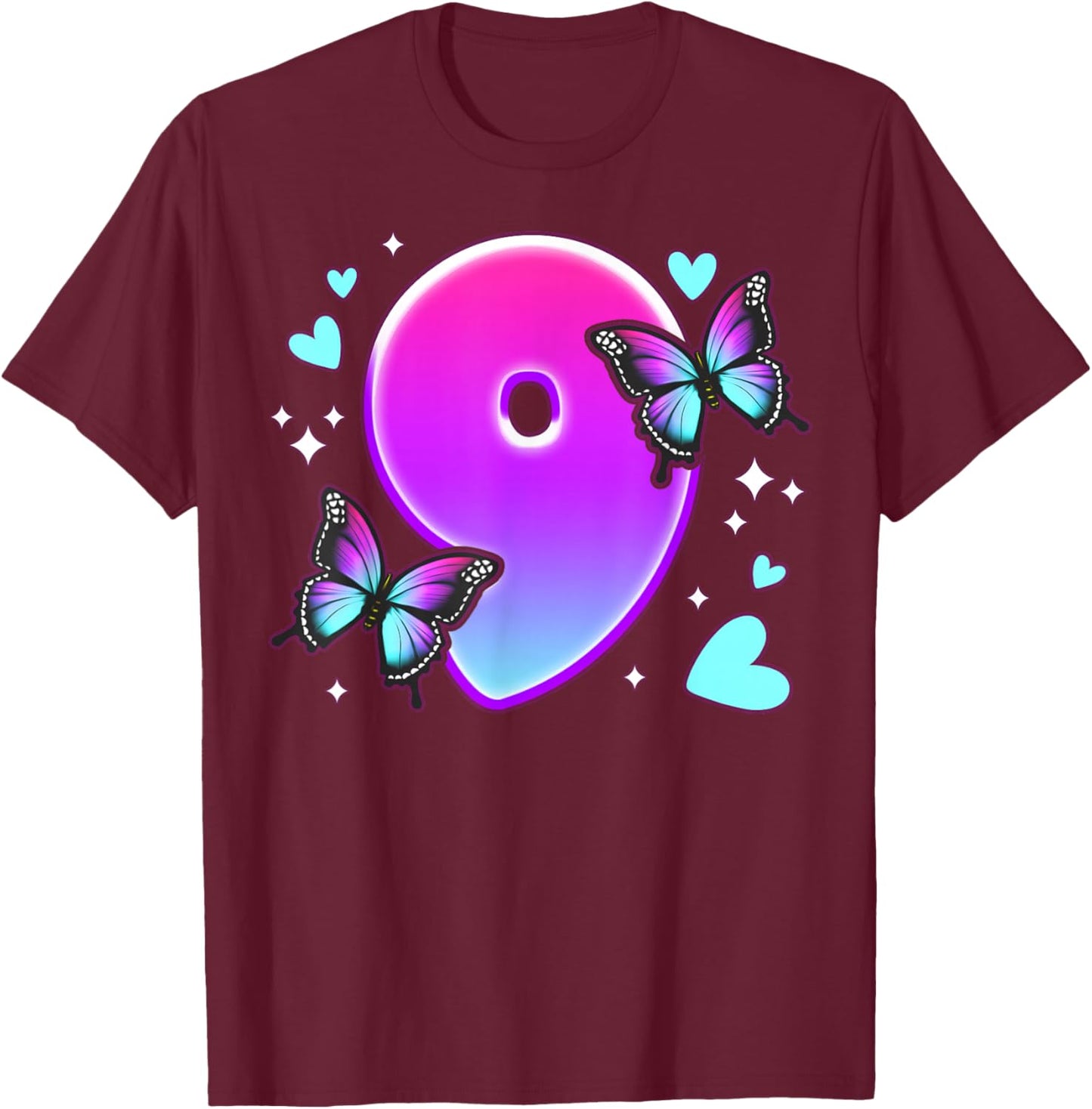 Geburtstag Mädchen 9 Jahre, Schmetterlinge und Nummer 9 T-Shirt - T-Shirt | Maroon