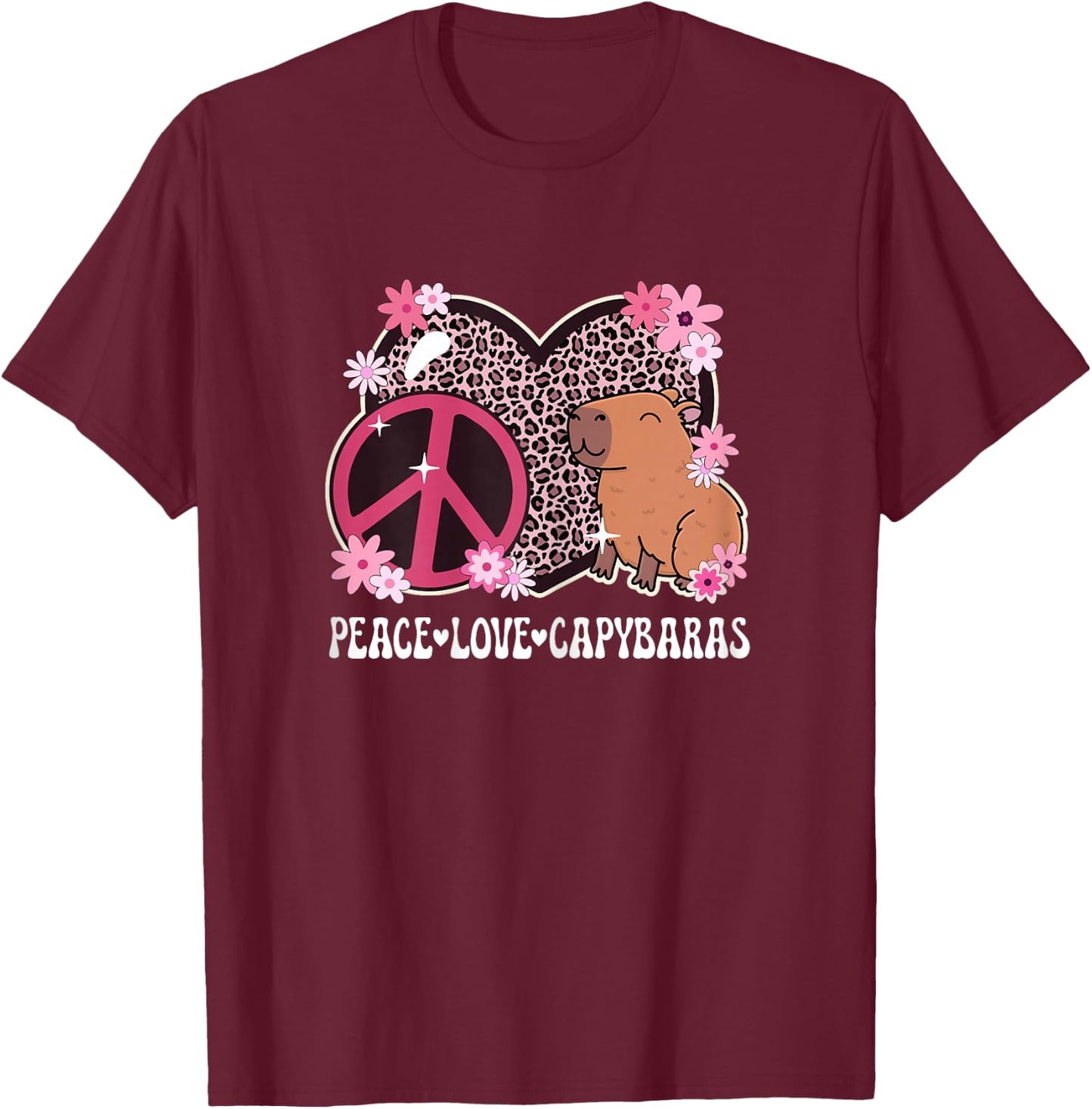Peace Love Capybaras Leopard Print Women Cute Capybara Lover T-Shirt - T-Shirt | Maroon