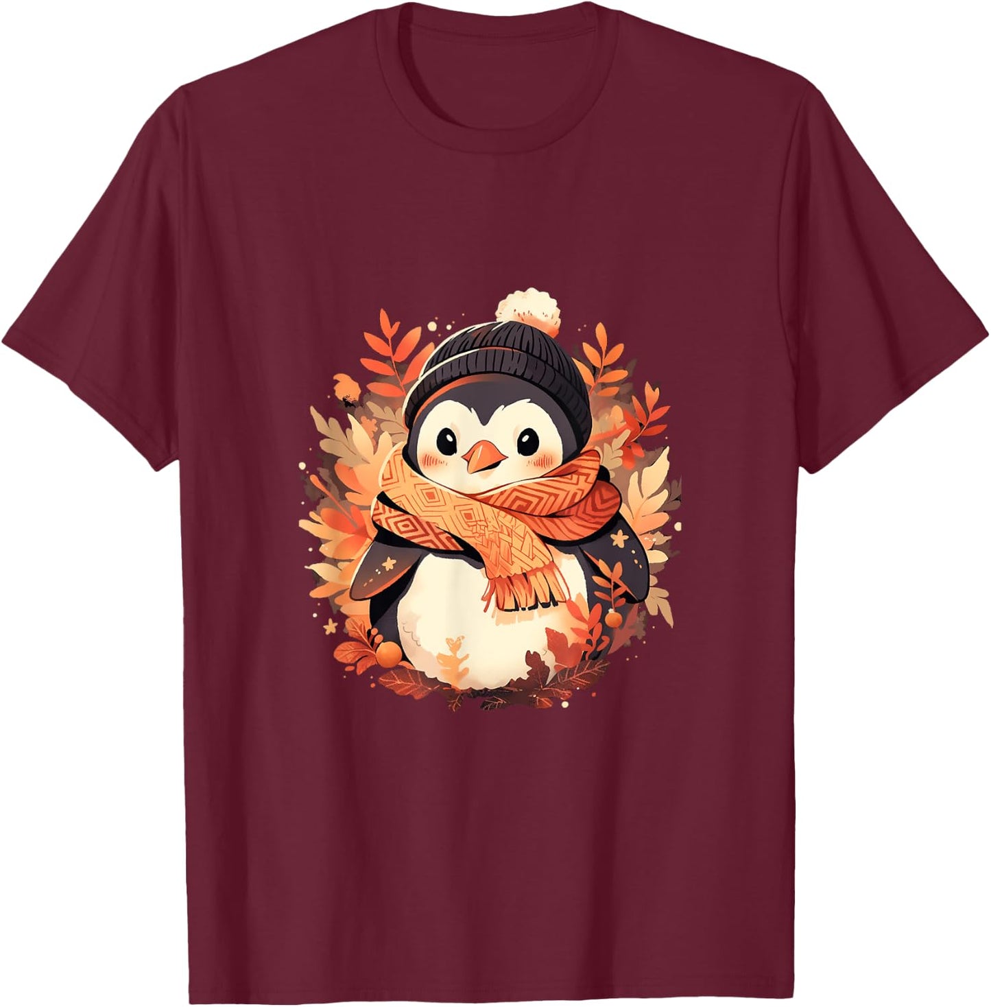 Fall Vibes Autumn Season Penguin Animal Kids Black Small T-Shirt - T-Shirt | Maroon