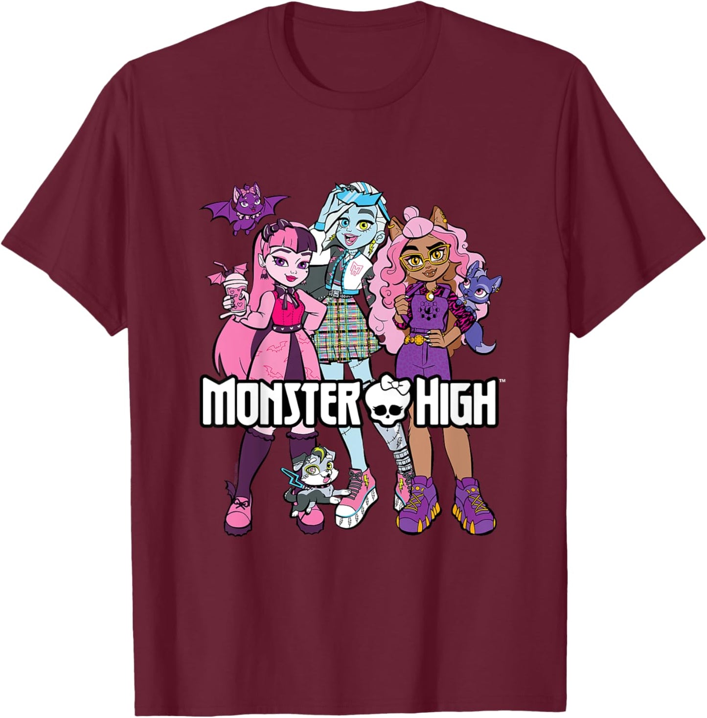 Kinder Monster High - Student - Gruppe mit Haustieren T-Shirt - T-Shirt | Maroon