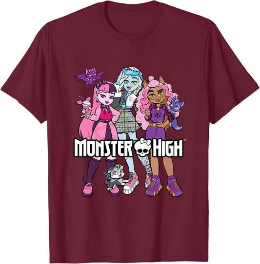 Kinder Monster High - Student - Gruppe mit Haustieren T-Shirt - T-Shirt | Maroon