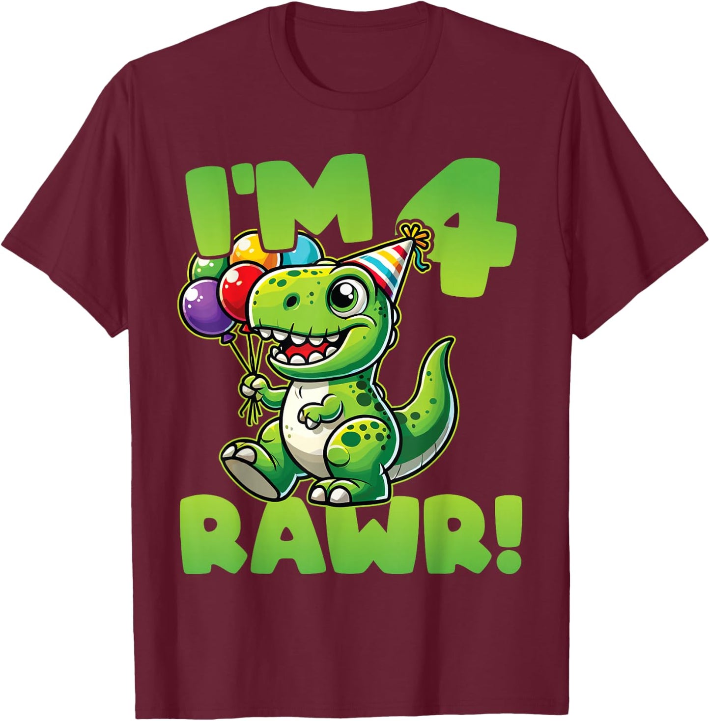 Dinosaur 4th Birthday I'm Four Rawr Cute T-Rex Party T-Shirt - T-Shirt | Maroon