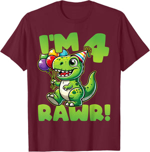 Dinosaur 4th Birthday I'm Four Rawr Cute T-Rex Party T-Shirt - T-Shirt | Maroon