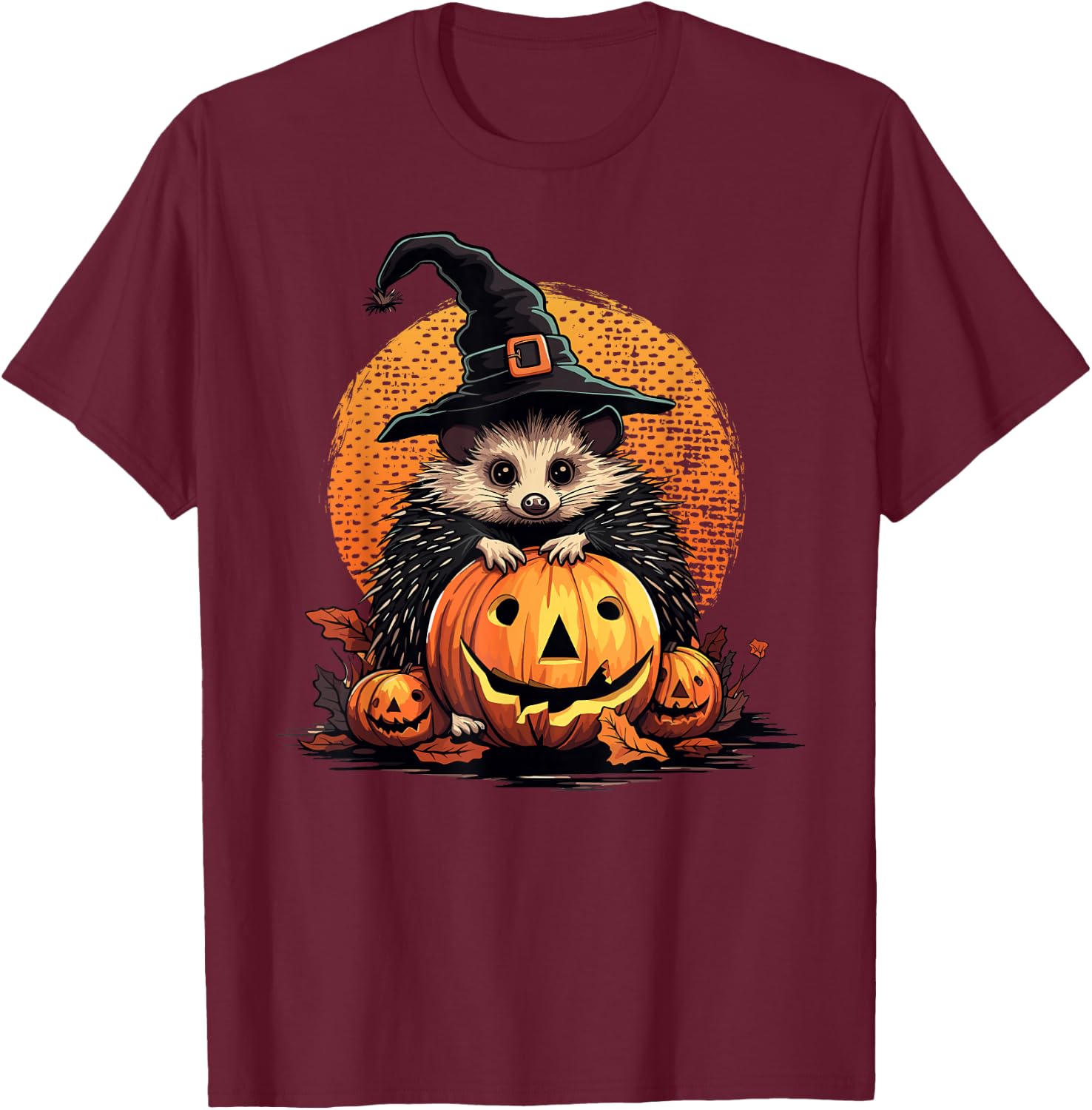 Hedgehog Halloween Pumpkin Funny Hedgehog Witch Graphic T-Shirt - T-Shirt | Maroon