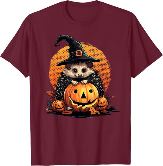 Hedgehog Halloween Pumpkin Funny Hedgehog Witch Graphic T-Shirt - T-Shirt | Maroon