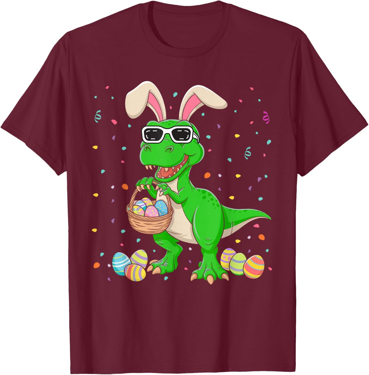 Easter T Rex Bunny Ears Dinosaur Eggs Easter Day Kids Boys T-Shirt - T-Shirt | Maroon