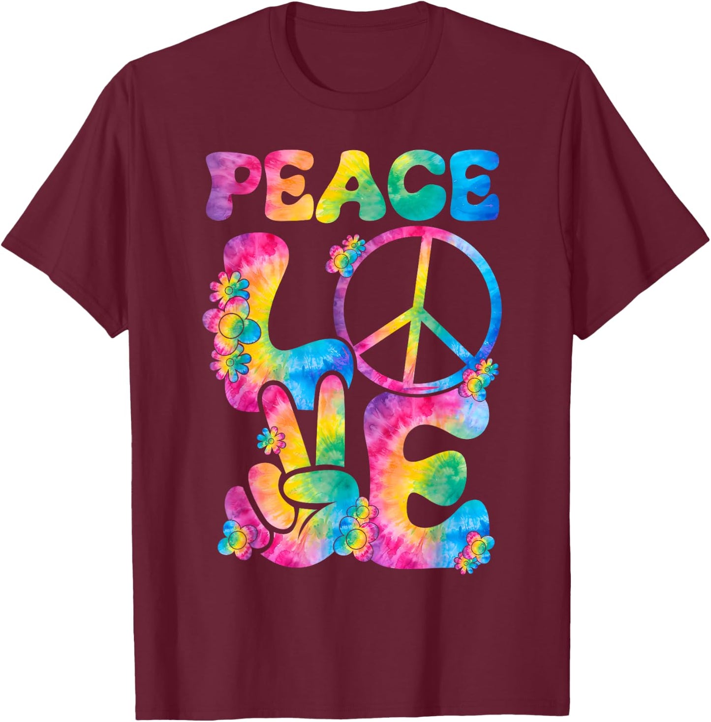 Peace Sign Love Tie Dye Style rétro années 70 et 80 T-Shirt - T-Shirt | Maroon