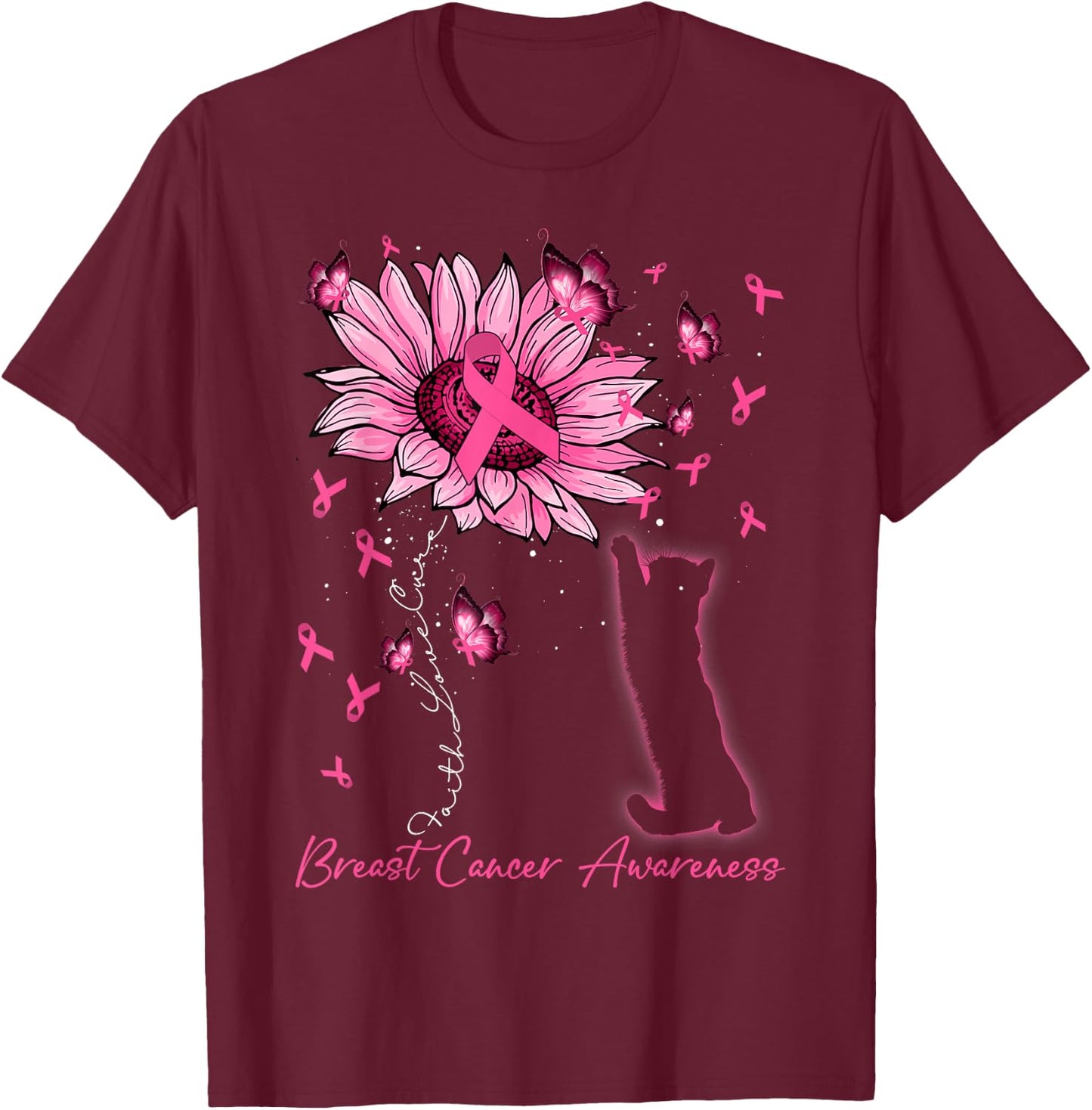 Faith Love Cure Breast Cancer Black Cat & Sunflower Women T-Shirt - T-Shirt | Maroon