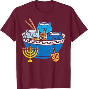 Jewish Cats Ramen Kitten Anime Hanukkah Pajamas Chanukah PJs T-Shirt - T-Shirt | Maroon