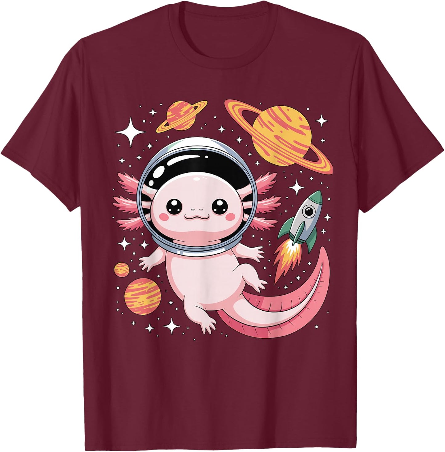 Kawaii Axolotl Astronaut Cute Axolotls Planets Space T-Shirt - T-Shirt | Maroon