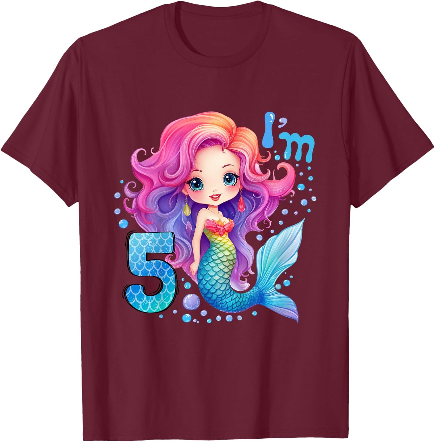 Kids 5 Year Old Girl 5th Birthday Outfit Gifts Girls Cute Mermaid T-Shirt - T-Shirt | Maroon