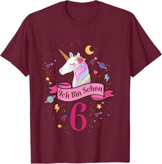 Children's Birthday Shirt 6 Years Girls Unicorn Birthday , White T-Shirt - T-Shirt | Maroon