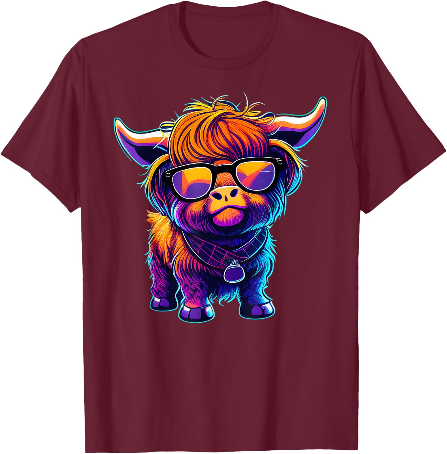 Retro 80's Cute Highland Cow Colorful Highland Cow Graphic T-Shirt - T-Shirt | Maroon