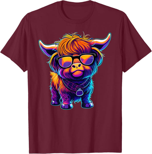 Retro 80's Cute Highland Cow Colorful Highland Cow Graphic T-Shirt - T-Shirt | Maroon