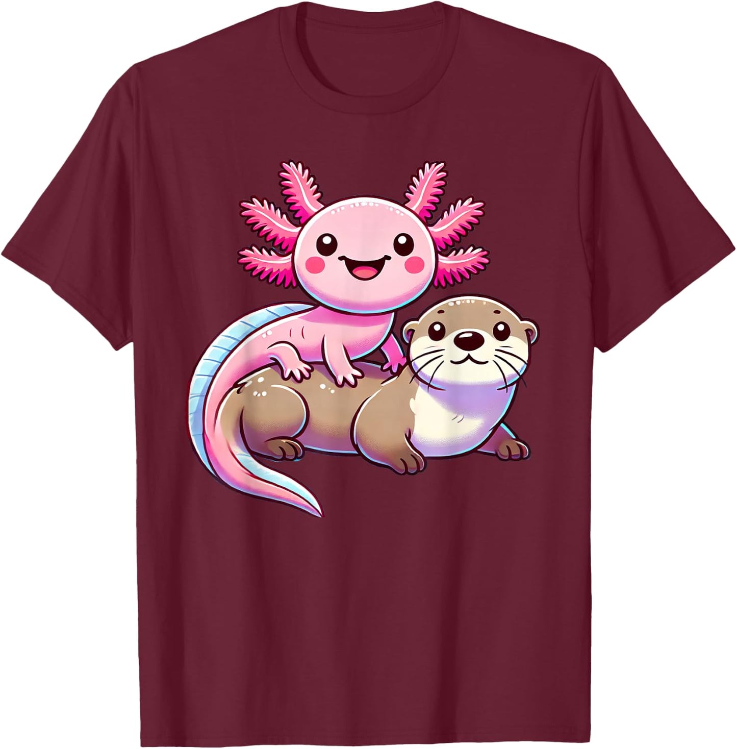 Anime Kawaii Axolotl Otter T-Shirt - T-Shirt | Maroon