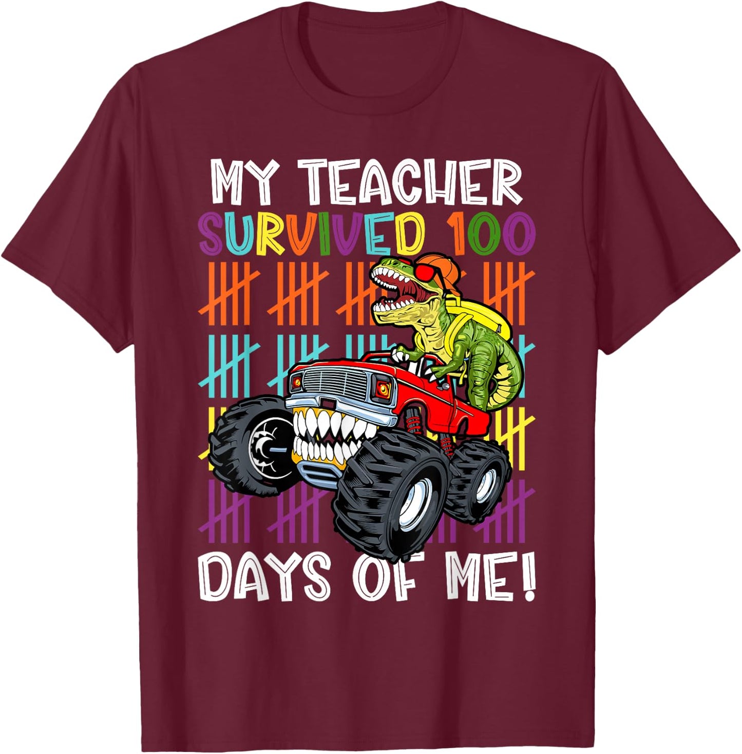 100th Day Of School My Teacher Survived 100 Days Dinosaur T-Shirt - T-Shirt | Maroon