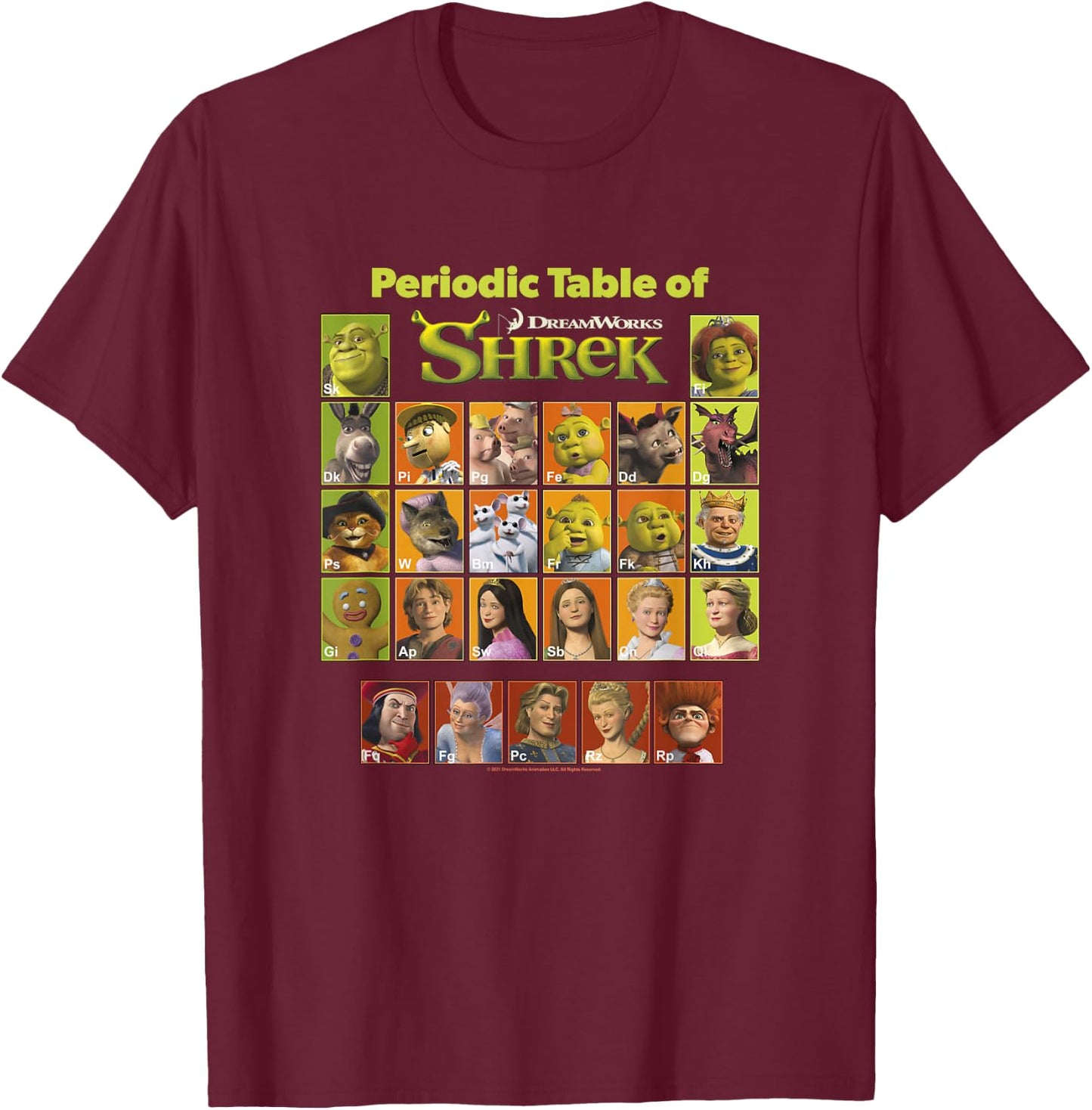 Shrek Periodic Table of Shrek Characters T-Shirt - T-Shirt | Maroon