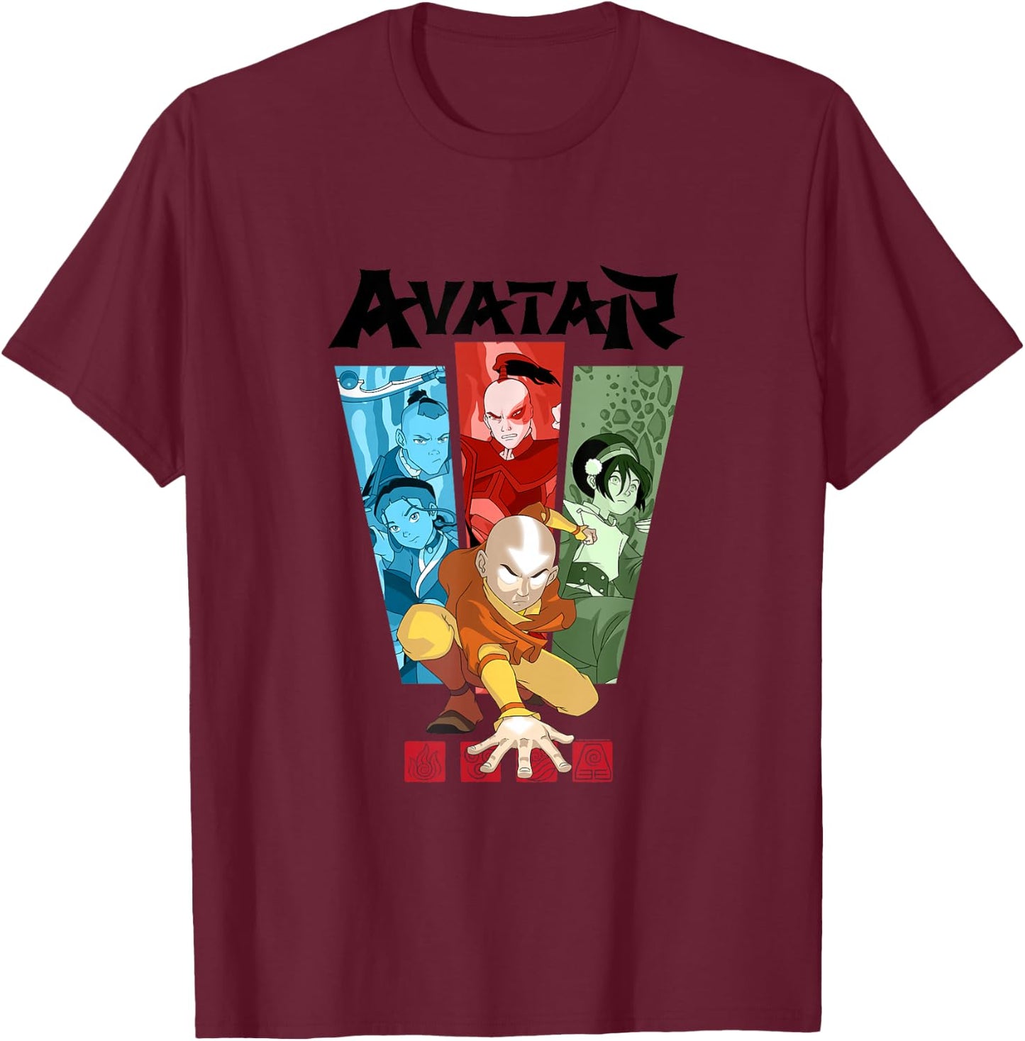 Avatar Comic Color Split Gaang Aang Sokka Katara Toph Zuko T-Shirt - T-Shirt | Maroon