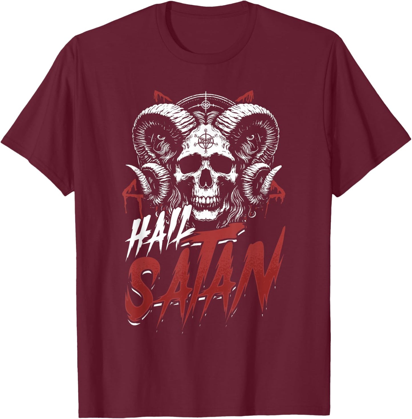 Hail Satan Skull Horns Occult Satanism Symbol T-Shirt - T-Shirt | Maroon