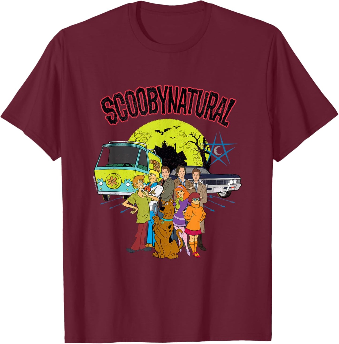 Scooby-Doo Scoobynatural Mystery Machine and Baby with Gang , Black, S T-Shirt - T-Shirt | Maroon