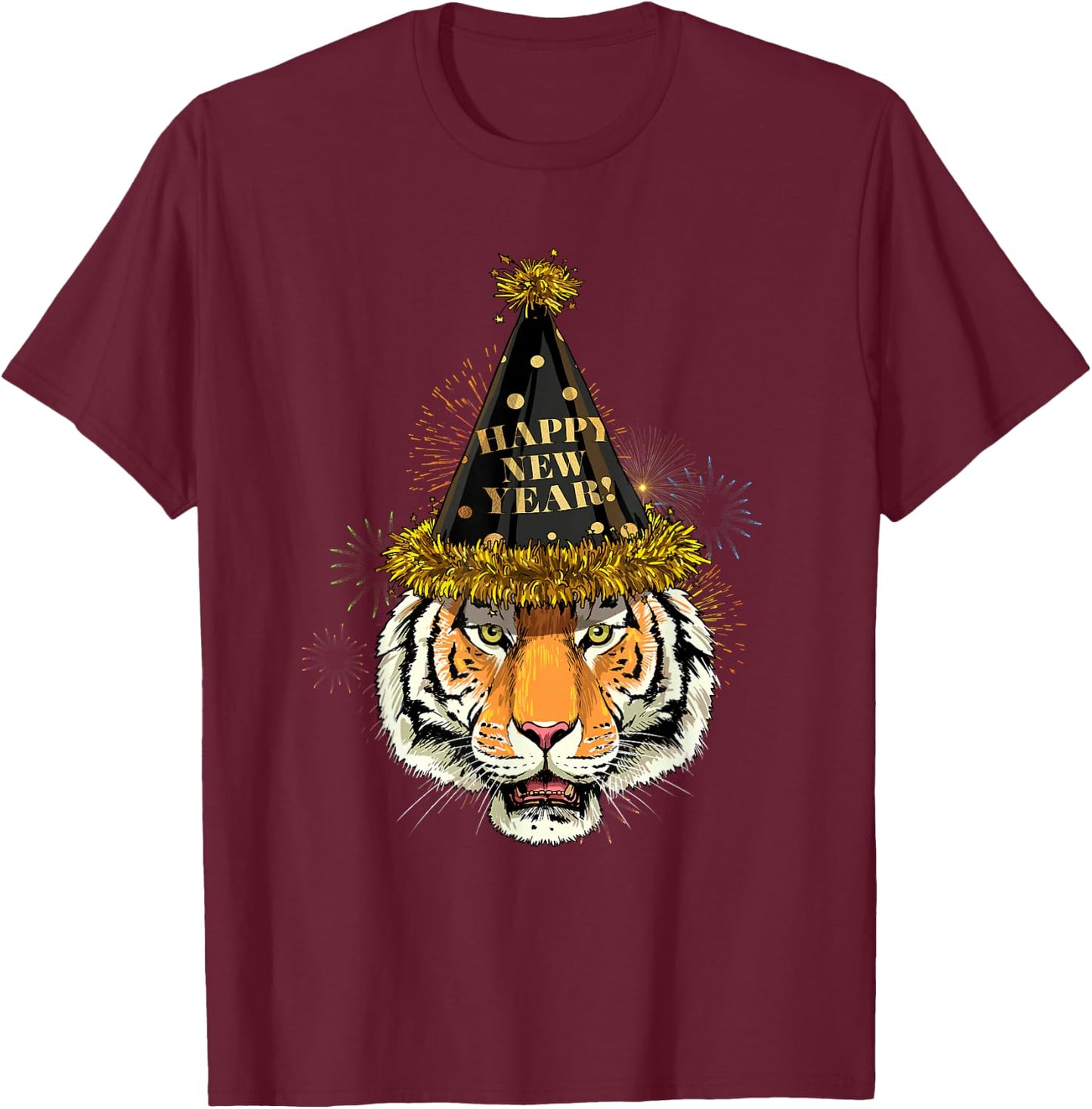 Tiger New Year Shirt 2024 Happy New Years Eve NYE Fireworks T-Shirt - T-Shirt | Maroon