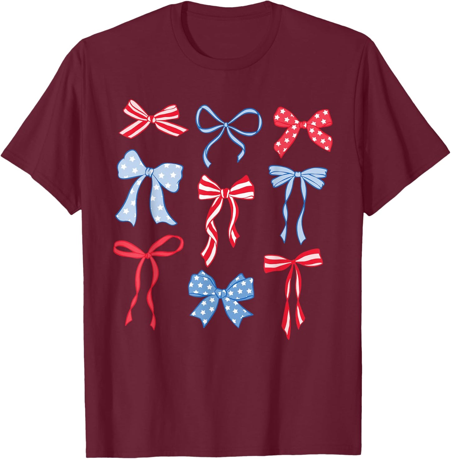 Red White And Blue American Coquette Bows Funny 4th Of July T-Shirt - T-Shirt | Maroon