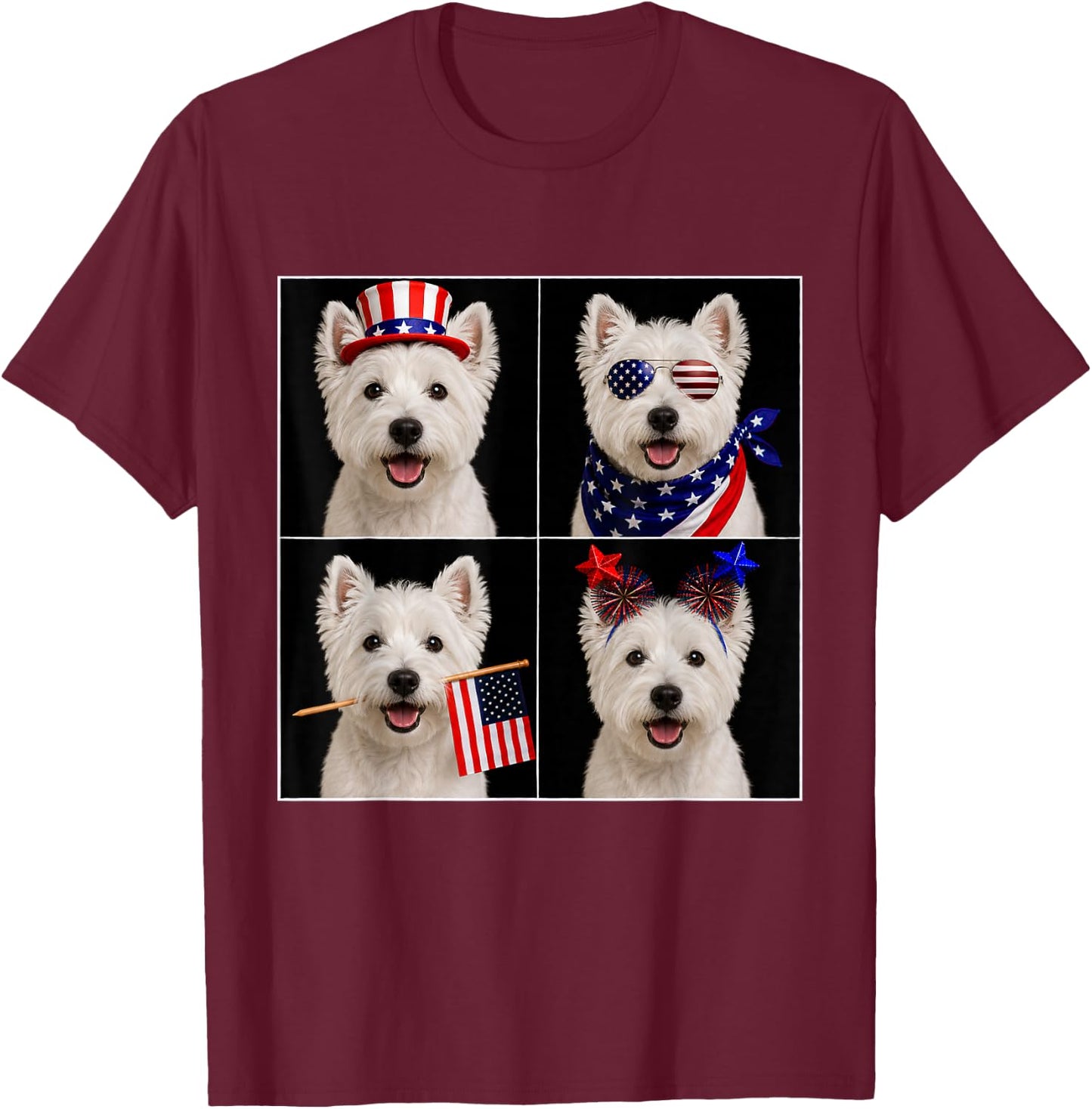 West Highland Terrier 4th of July Westie Dog USA Photobooth T-Shirt - T-Shirt | Maroon