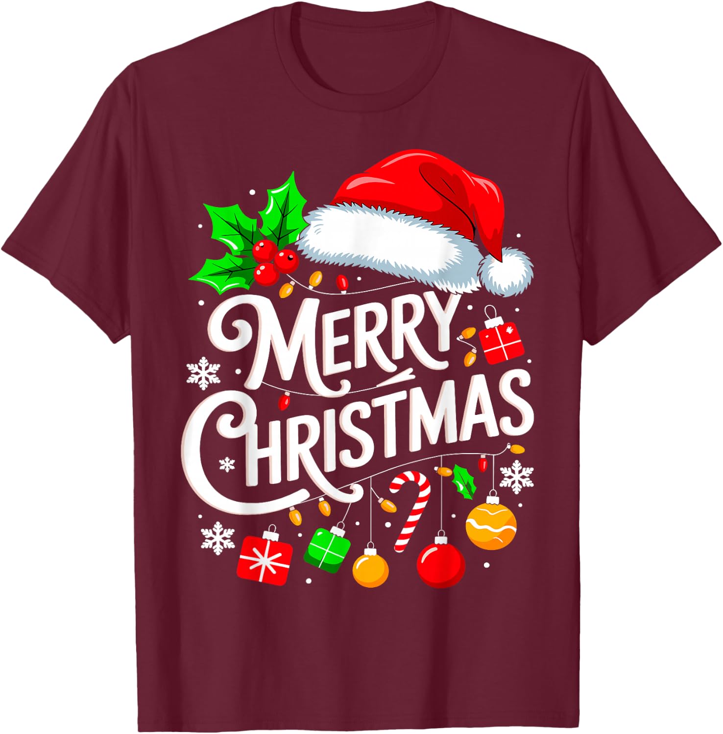 Merry Christmas Lights Family Santa Hat Xmas T-Shirt - T-Shirt | Maroon