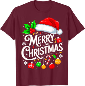 Merry Christmas Lights Family Santa Hat Xmas T-Shirt - T-Shirt | Maroon